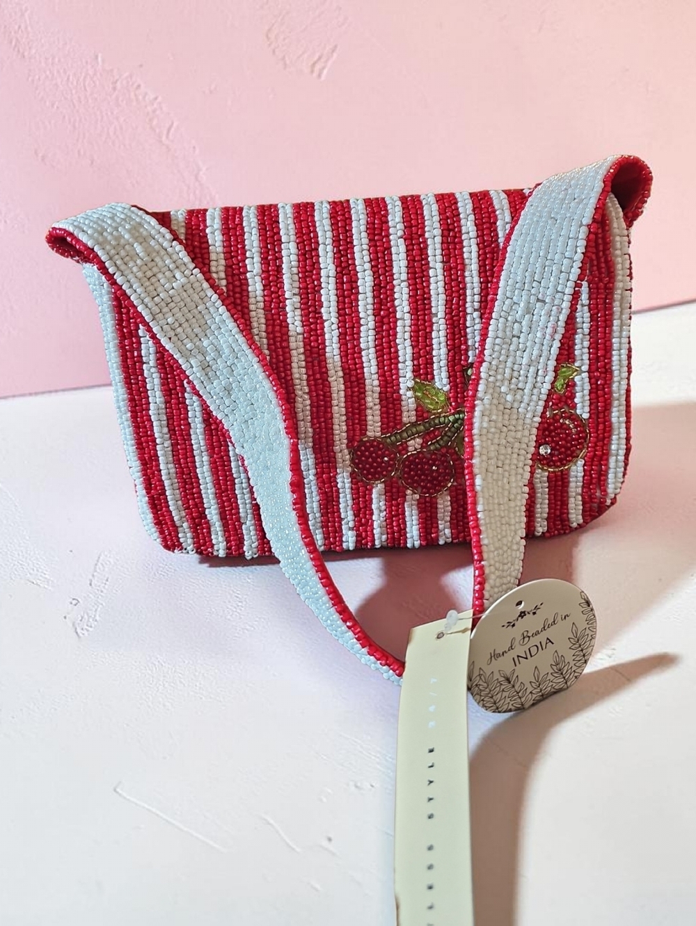 NWT STUDIO TAG SM. Red & White Striped Beaded Cherry SHOULDER BAG. - Picture 3 of 10